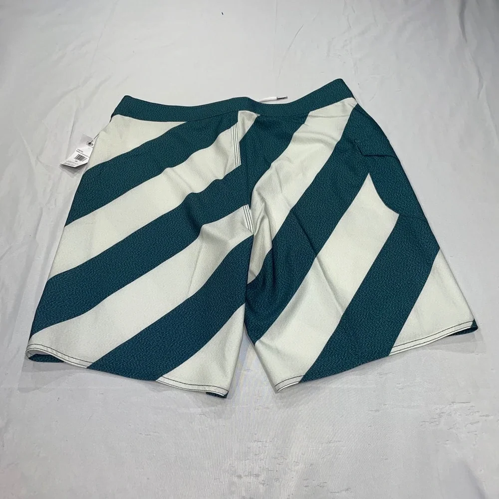 Volcom Mens Teal White Striped Board Shorts Swim Trunks Size 33